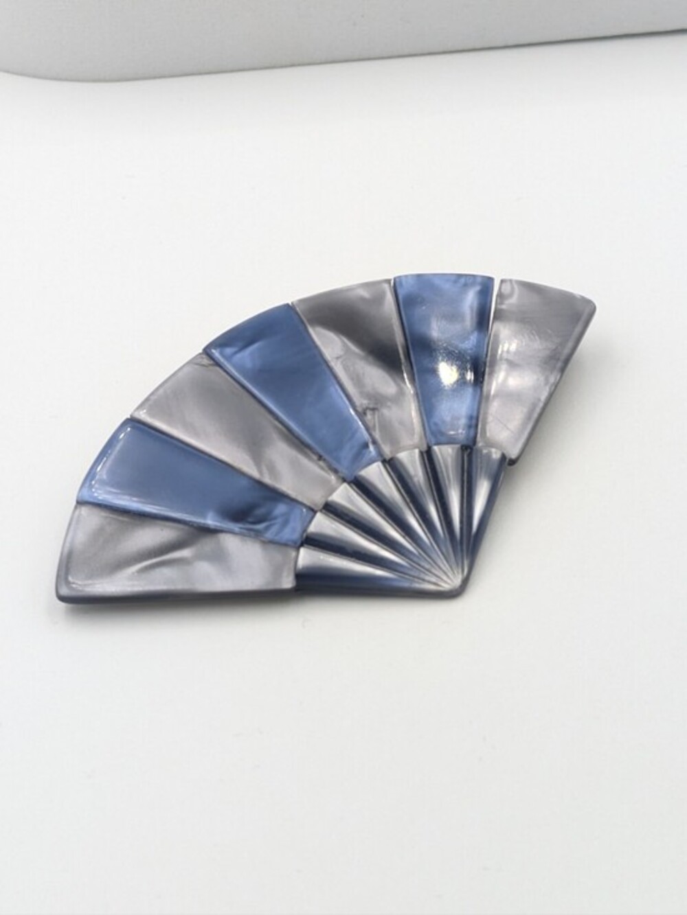 Vintage signed Lea Stein Paris blue grey pearl celluloid fan brooch pin